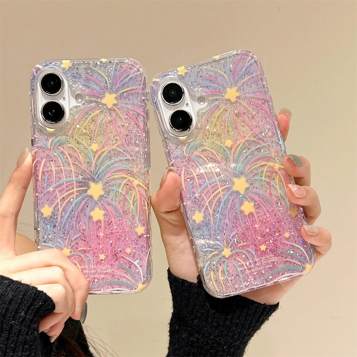 Korean Glitter Fireworks Star Case for iPhone 13–16 Pro Max – Clear & Bling