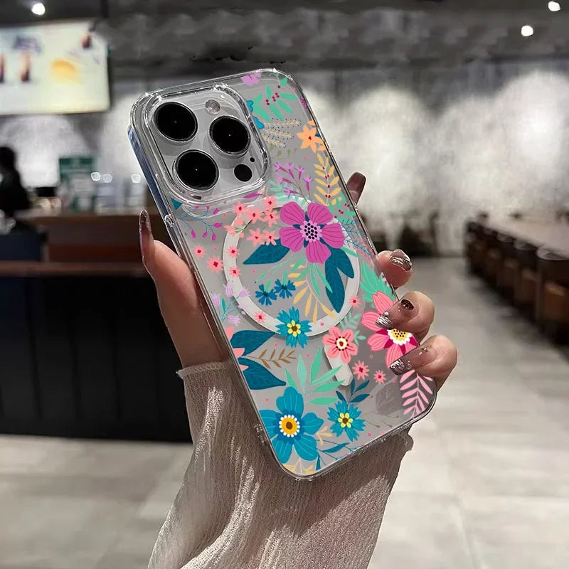 Colorful Floral MagSafe Clear Case for iPhone 11–16 Pro Max SE2/7/8 Plus