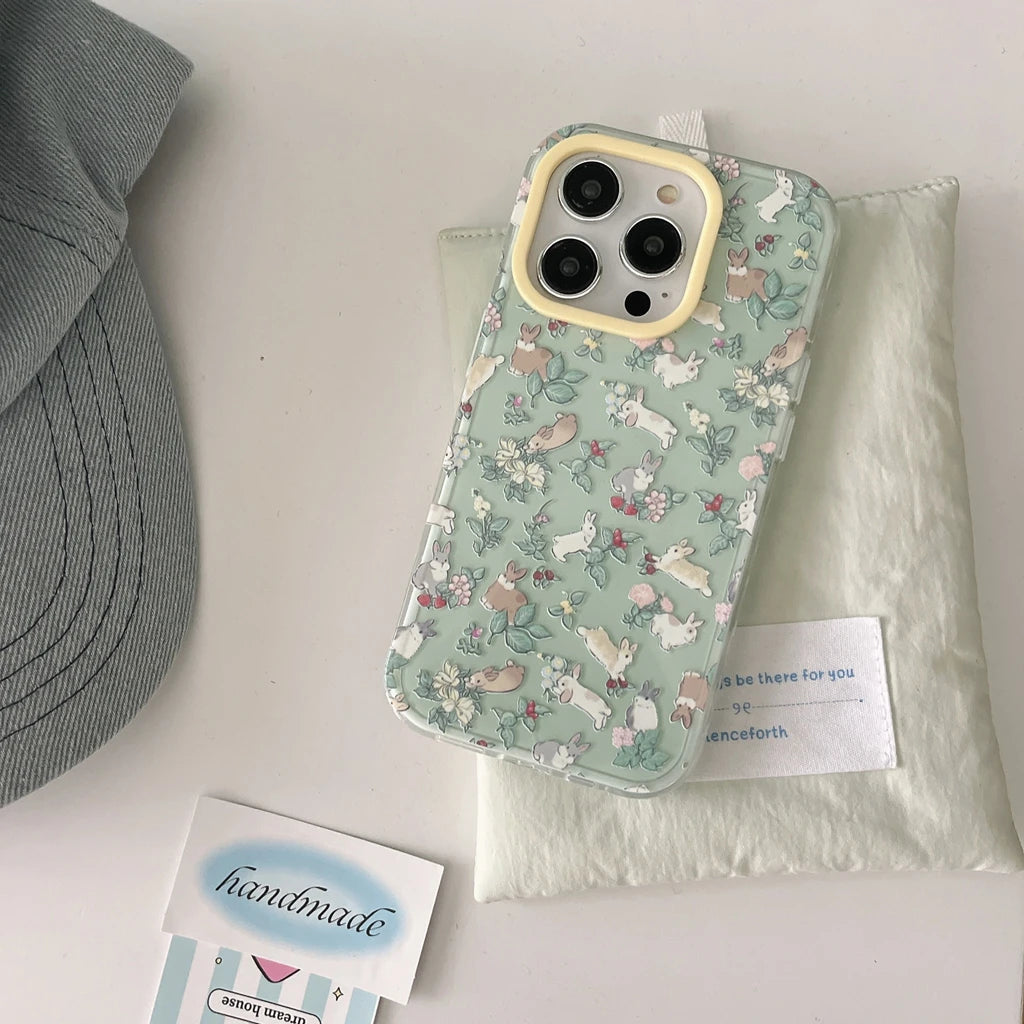 Full Screen Colorful Flowers & Rabbit Shockproof Case for iPhone 13–16 Pro Max