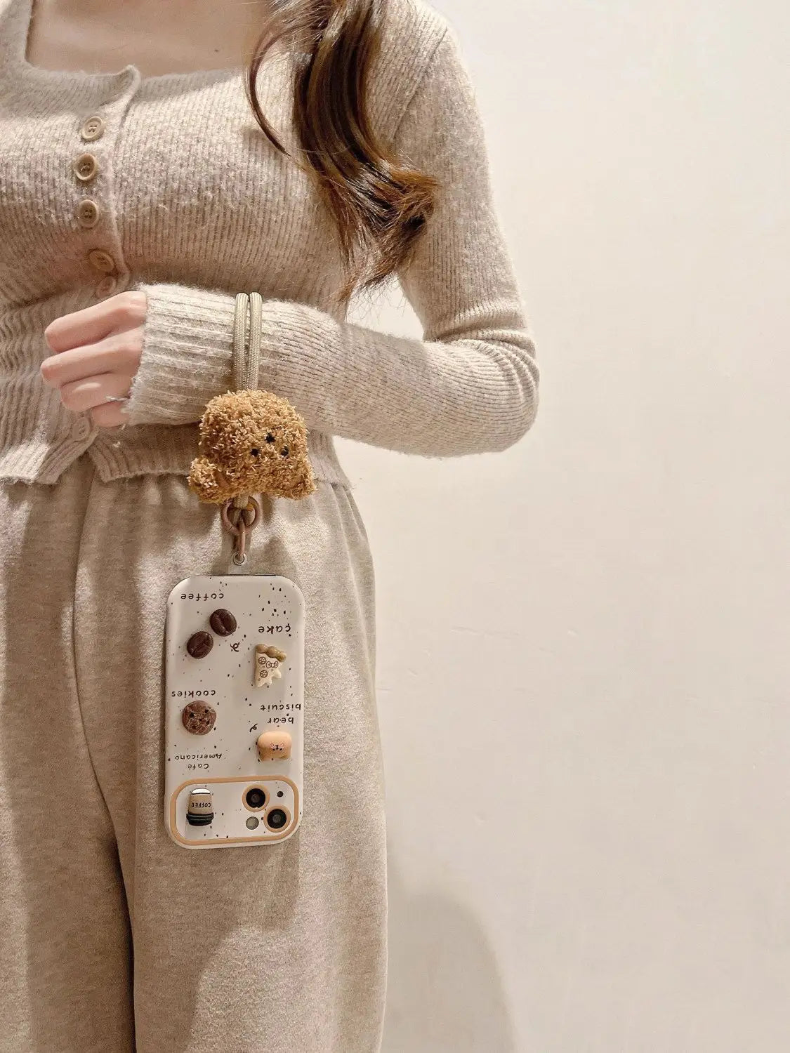 Cute Bear Coffee Phone Case with Lanyard for iPhone 11–15 Pro Max