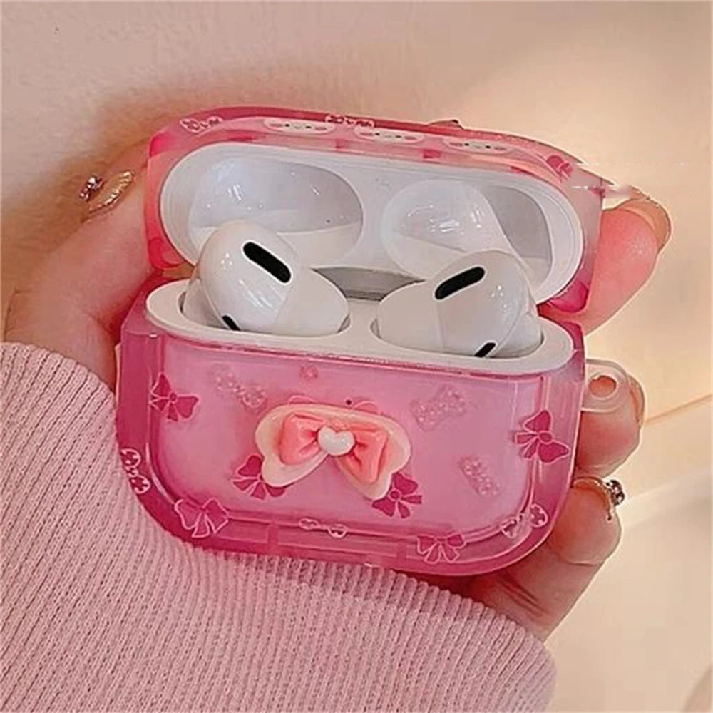 Korean 3D Bowknot Rabbit AirPods Case with Heart Pendant – Pink Soft Cover