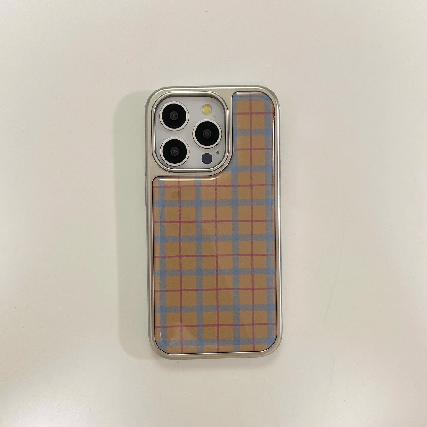 Korean Plaid Grid Shockproof Case for iPhone 13–16 Pro Max with Silver Edge
