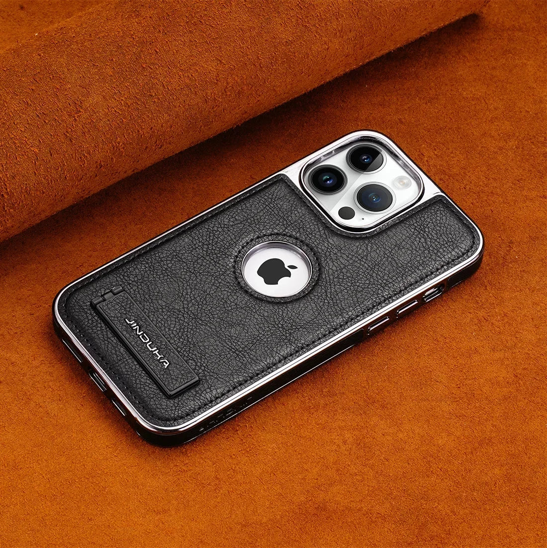 Invisible Fold Stand Leather Case for iPhone 16–11 Pro Max with Gold Bezel