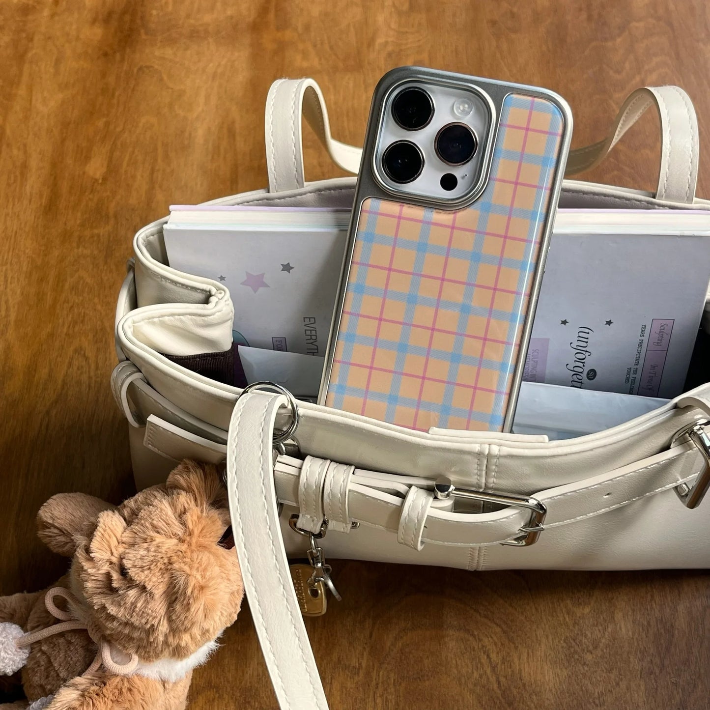 Korean Plaid Grid Shockproof Case for iPhone 13–16 Pro Max with Silver Edge