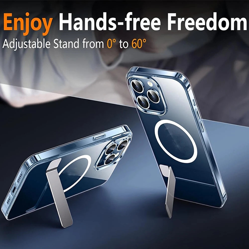 Clear Magnetic iPhone Case with Metal Kickstand – Shockproof Back Cover