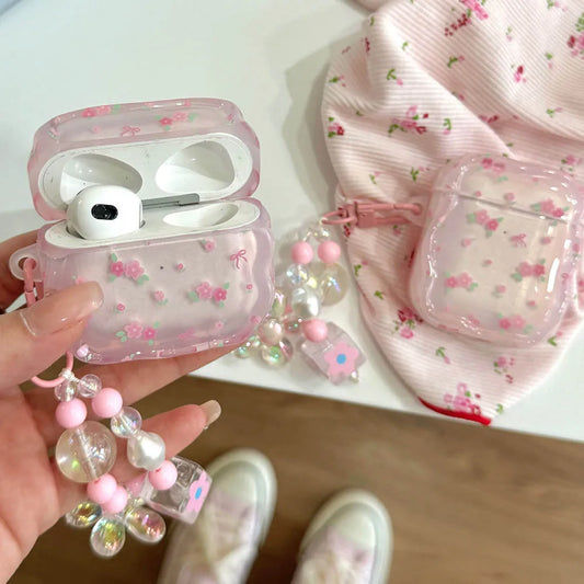 Cute Pink Flower AirPods Case with Pearl Keychain for Pro 1/2/3/4 Gen