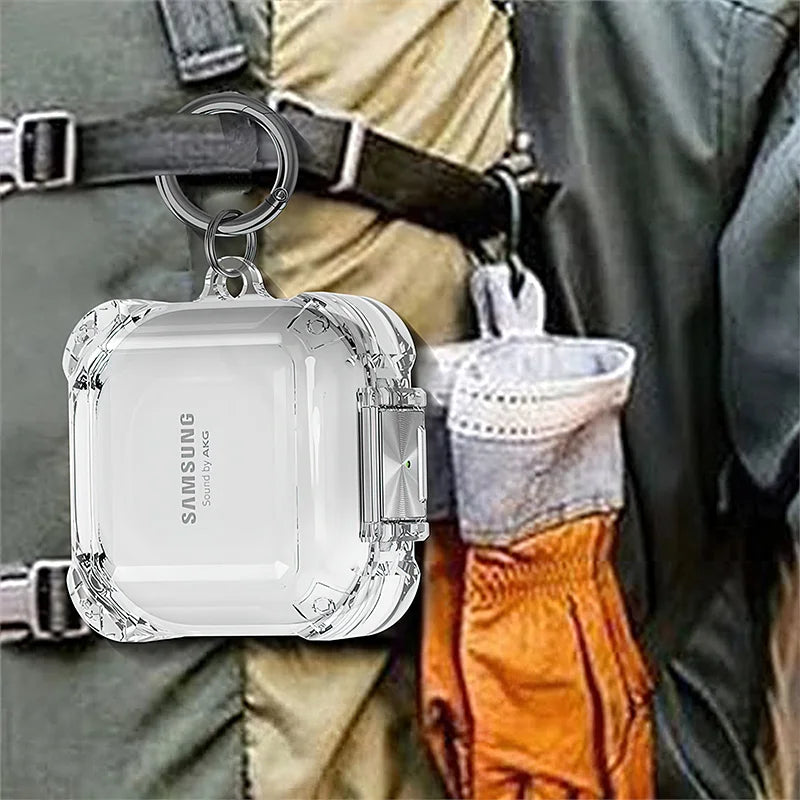 Secure Lock Case for Galaxy Buds Pro/2/Live/FE – Clear Cover with Hook