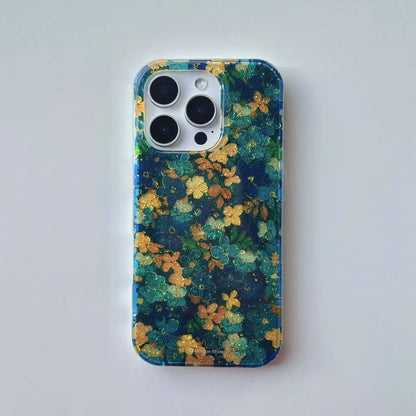 Blue Yellow Floral Gold Foil Sparkle Case for iPhone 13–16 Pro Max