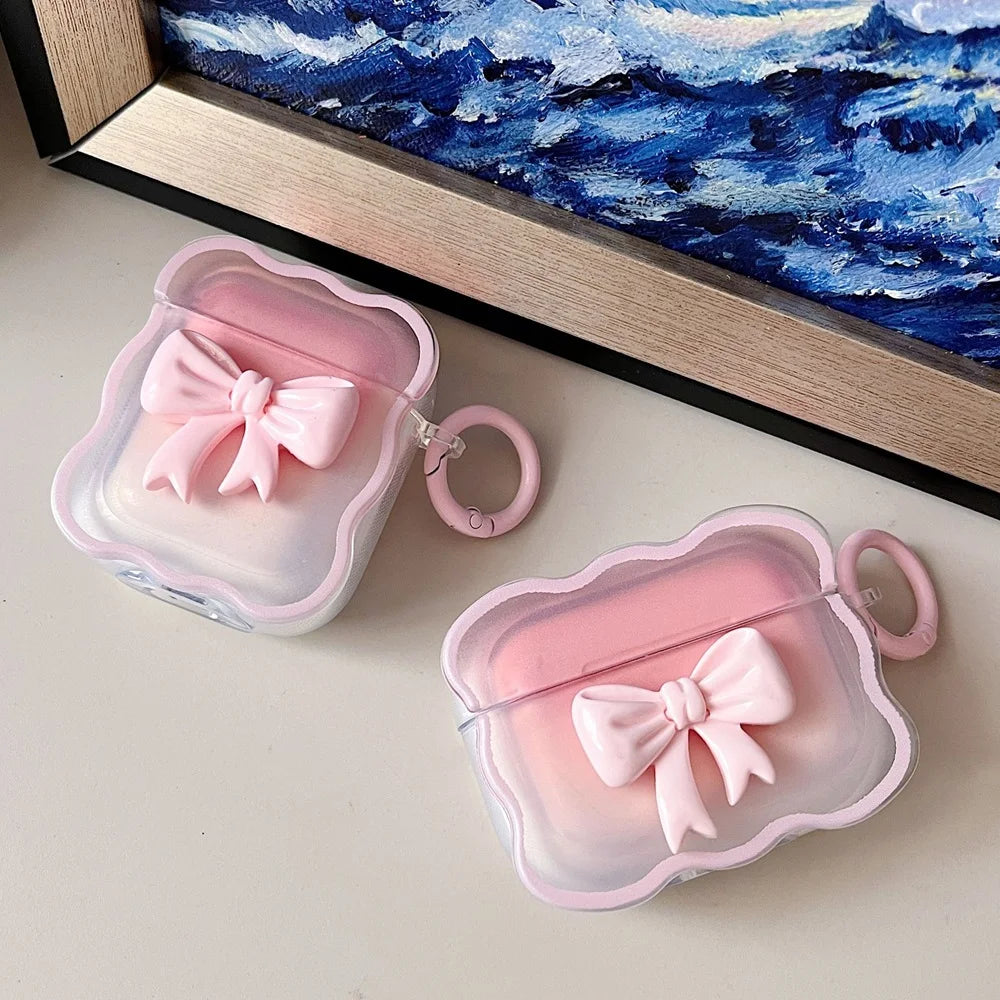 3D Bow Wave Pink Floral AirPods Case for 1, 2 & Pro with Keychain Cover