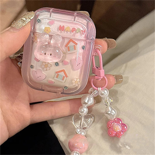 Cute 3D Rabbit Case with Heart Bead Pendant for AirPods 1 2 3 Pro 2 Soft Cover