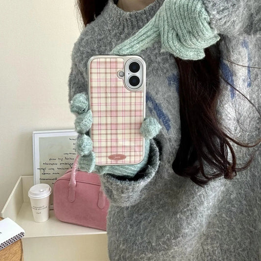 Korean Girly Checker Pattern Electroplated Leather Texture Case for iPhone 16 15 14 Pro Max
