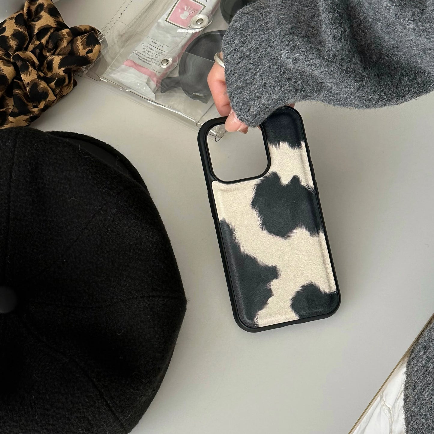 Chic Cow-Pattern Artificial Leather Phone Case for iPhone 16–11 Series