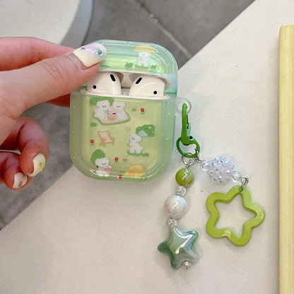 Cute Grass Dog & Cat Clear Case with Keychain for AirPods 1 2 3 4 Pro 2 Soft