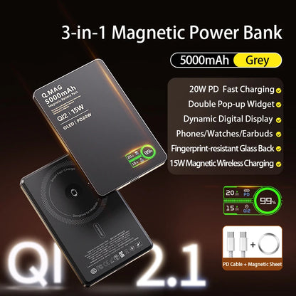 3-in-1 Magnetic Power Bank 15W Wireless Fast Charger for iPhone 12–17 Pro