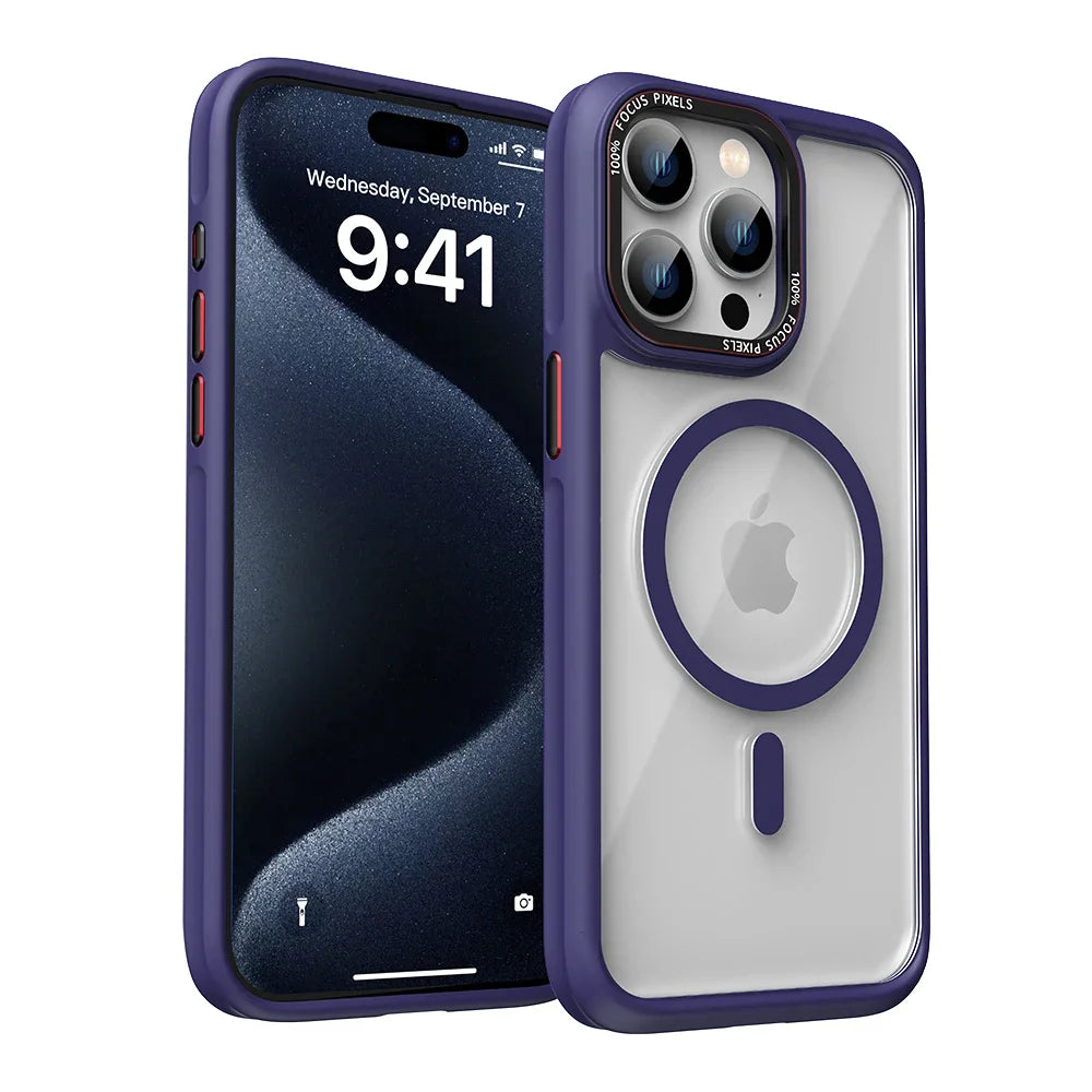 HD Transparent MagSafe Case for iPhone 16 15 14 13 12 Pro Max Metal Buttons