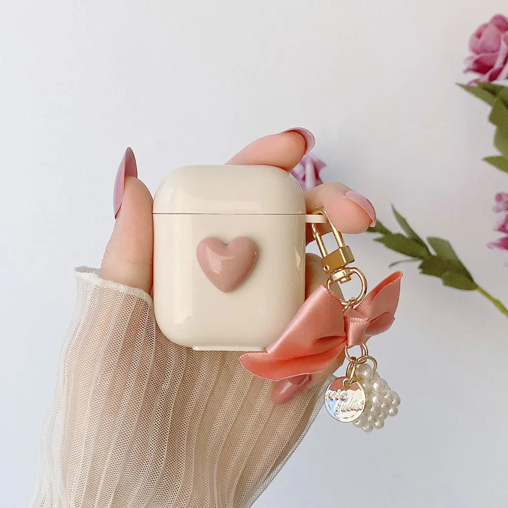 Ribbon Bowknot Pearl Keychain Case for AirPods 4 3 2 Pro Shockproof Cover