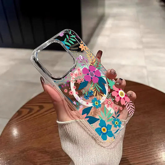 Colorful Floral MagSafe Clear Case for iPhone 11–16 Pro Max SE2/7/8 Plus