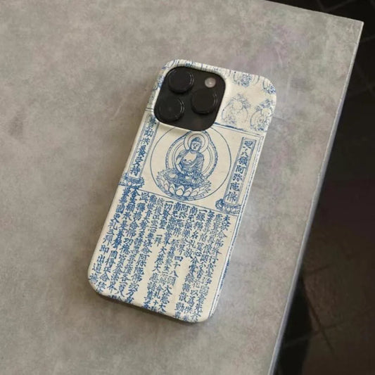 Buddhist Culture Blue & White Ancient Scriptures Phone Case for iPhone 16–11 Series
