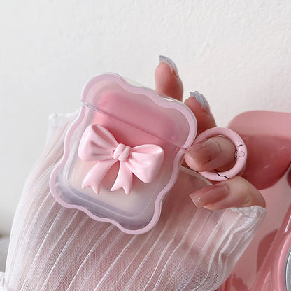 3D Bow Wave Pink Floral AirPods Case for 1, 2 & Pro with Keychain Cover