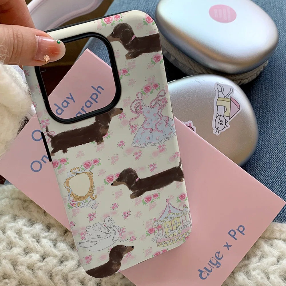 INS Floral Sausage Dog Case for iPhone 16 Pro Max 15 14 13 12 11 Pro Plus