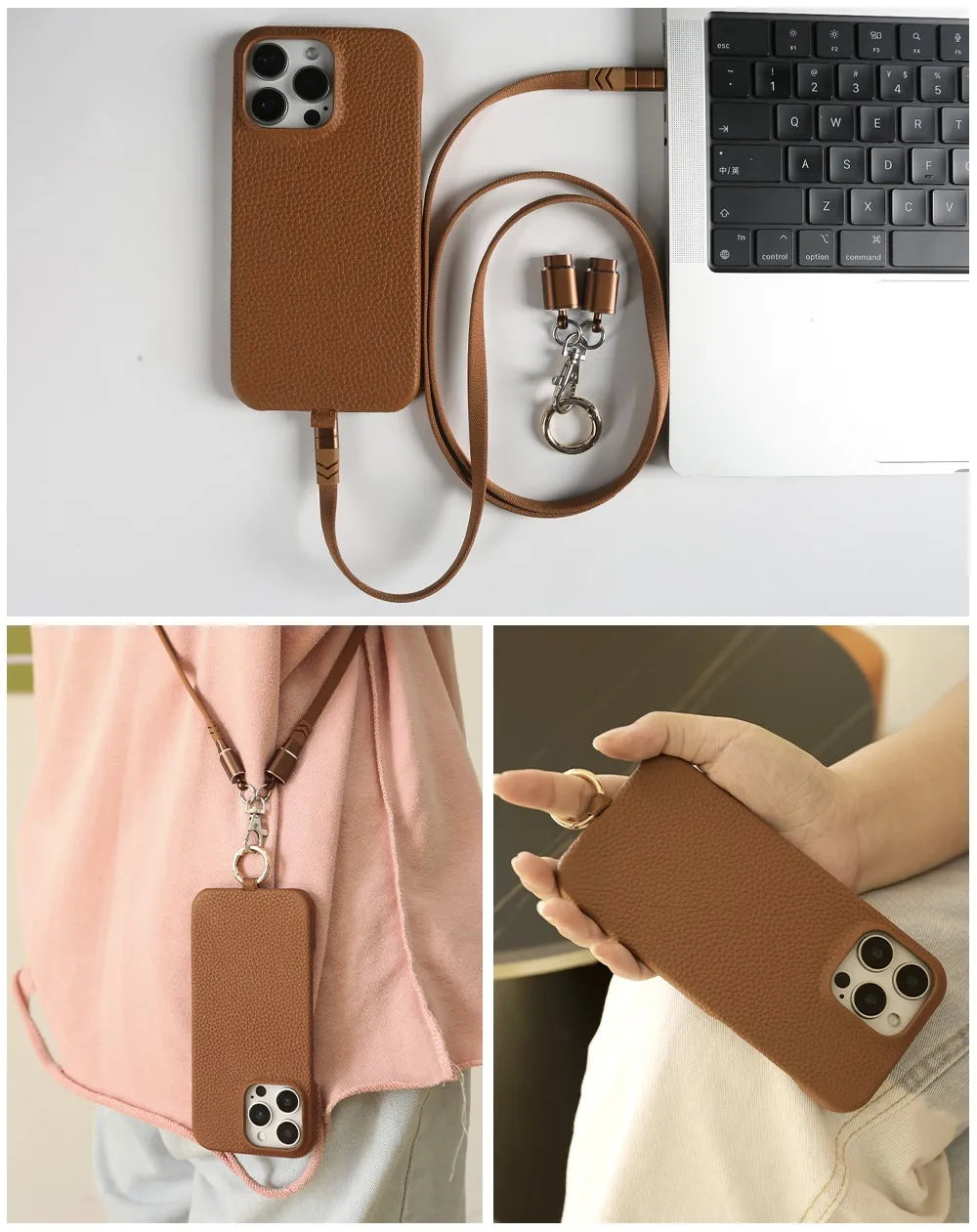 Leather MagSafe Case with USB Charging Lanyard for iPhone 13 12 11 Pro Max