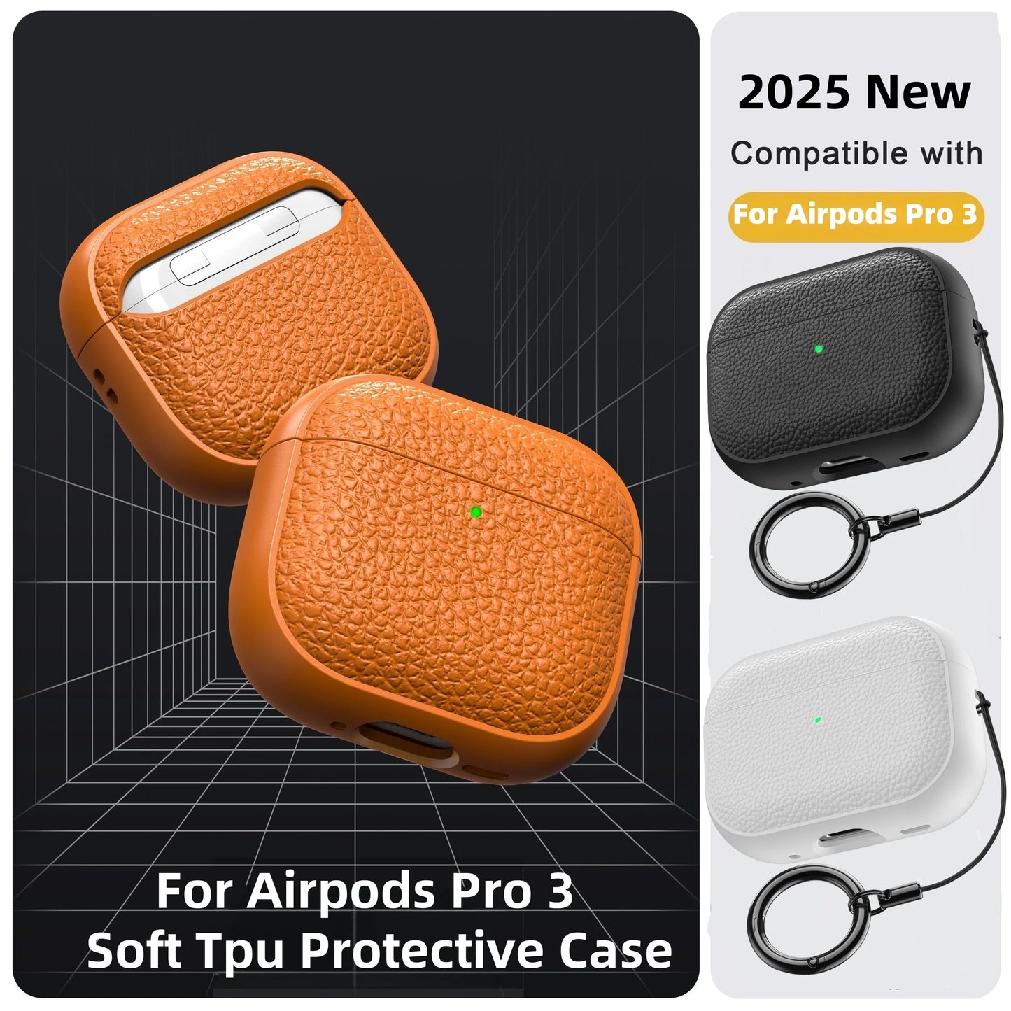 Leather Pattern TPU Case for AirPods Pro 3 – Full Protection with Keychain