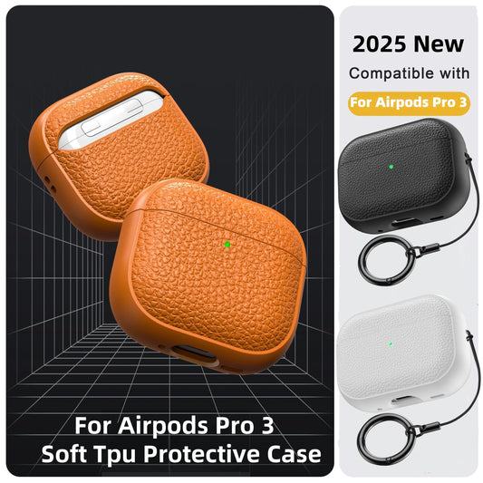Leather Pattern TPU Case for AirPods Pro 3 – Full Protection with Keychain