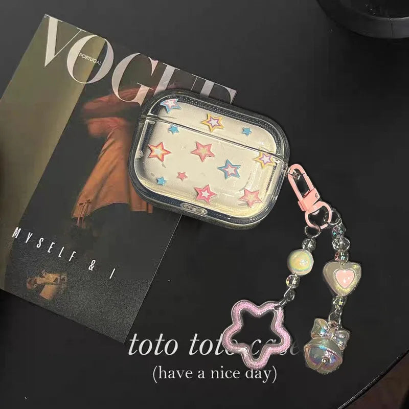 Color Stars Case for AirPods 4–1 & Pro 2 | Soft Cover with Heart Bead Pendant