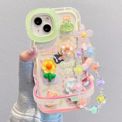 Flower Bracelet Chain Phone Case for iPhone 11–16 Pro Max – Frog & Rabbit Stand