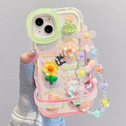 Flower Bracelet Chain Phone Case for iPhone 11–16 Pro Max – Frog & Rabbit Stand