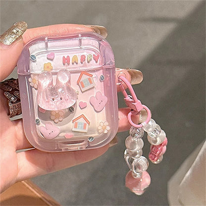 Cute 3D Rabbit Case with Heart Bead Pendant for AirPods 1 2 3 Pro 2 Soft Cover