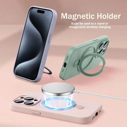 Liquid Silicone Ring Holder Case for iPhone 12–14 Pro Max/Plus Magnetic Cover