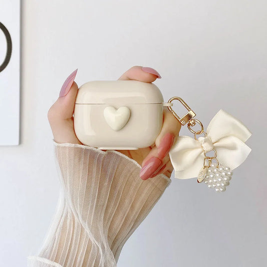 Ribbon Bowknot Pearl Keychain Case for AirPods 4 3 2 Pro Shockproof Cover
