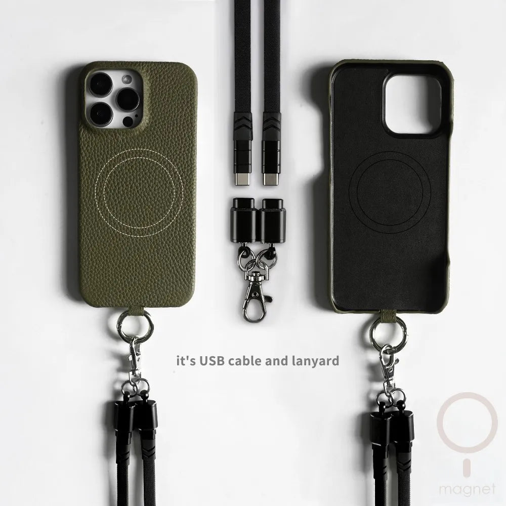 Leather MagSafe Case with USB Charging Lanyard for iPhone 16 Pro Max 15 14