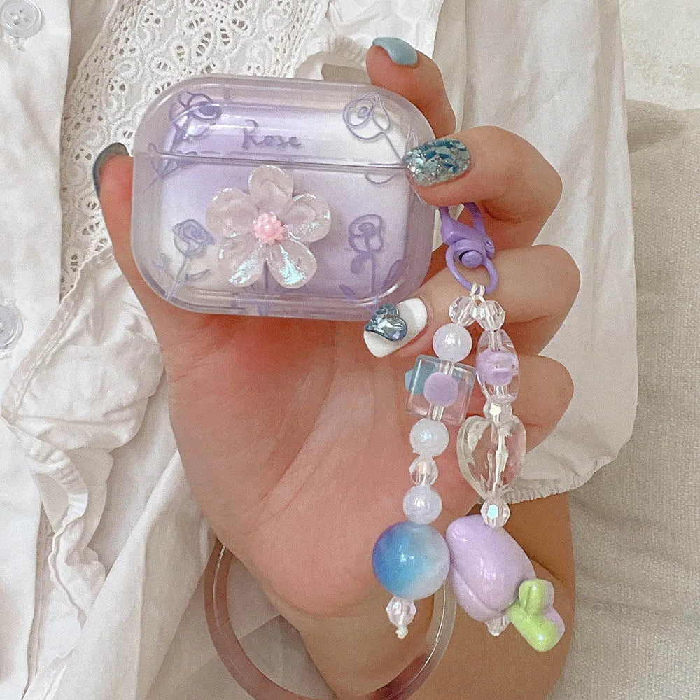 3D Flower Soft TPU AirPods Case for Pro 2/4, 1–4 – Purple Rose with Keychain