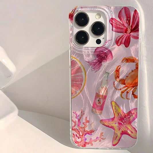 Cute Pink Sea Life Case for iPhone 16 15 14 13 12 11 Pro Max SE2