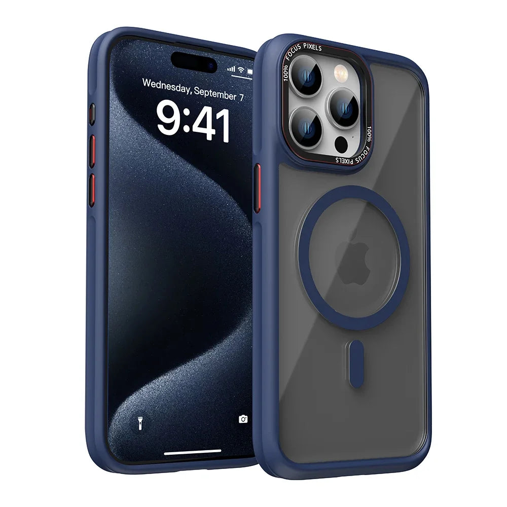 HD Transparent MagSafe Case for iPhone 16 15 14 13 12 Pro Max Metal Buttons