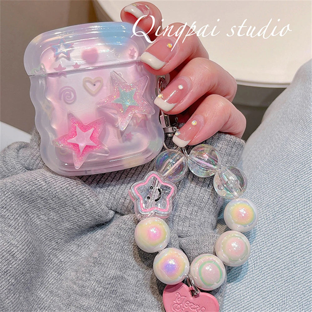 Korean 3D Pink Star Case with Heart Bead Pendant for AirPods 1 2 3 Pro 2 Soft