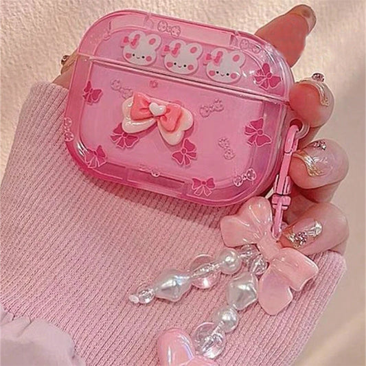 Korean 3D Bowknot Rabbit AirPods Case with Heart Pendant – Pink Soft Cover