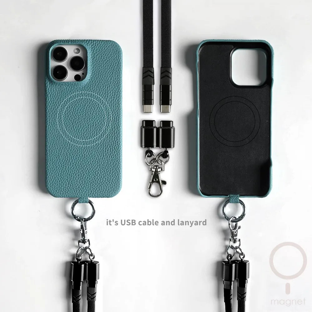 Leather MagSafe Case with USB Charging Lanyard for iPhone 13 12 11 Pro Max