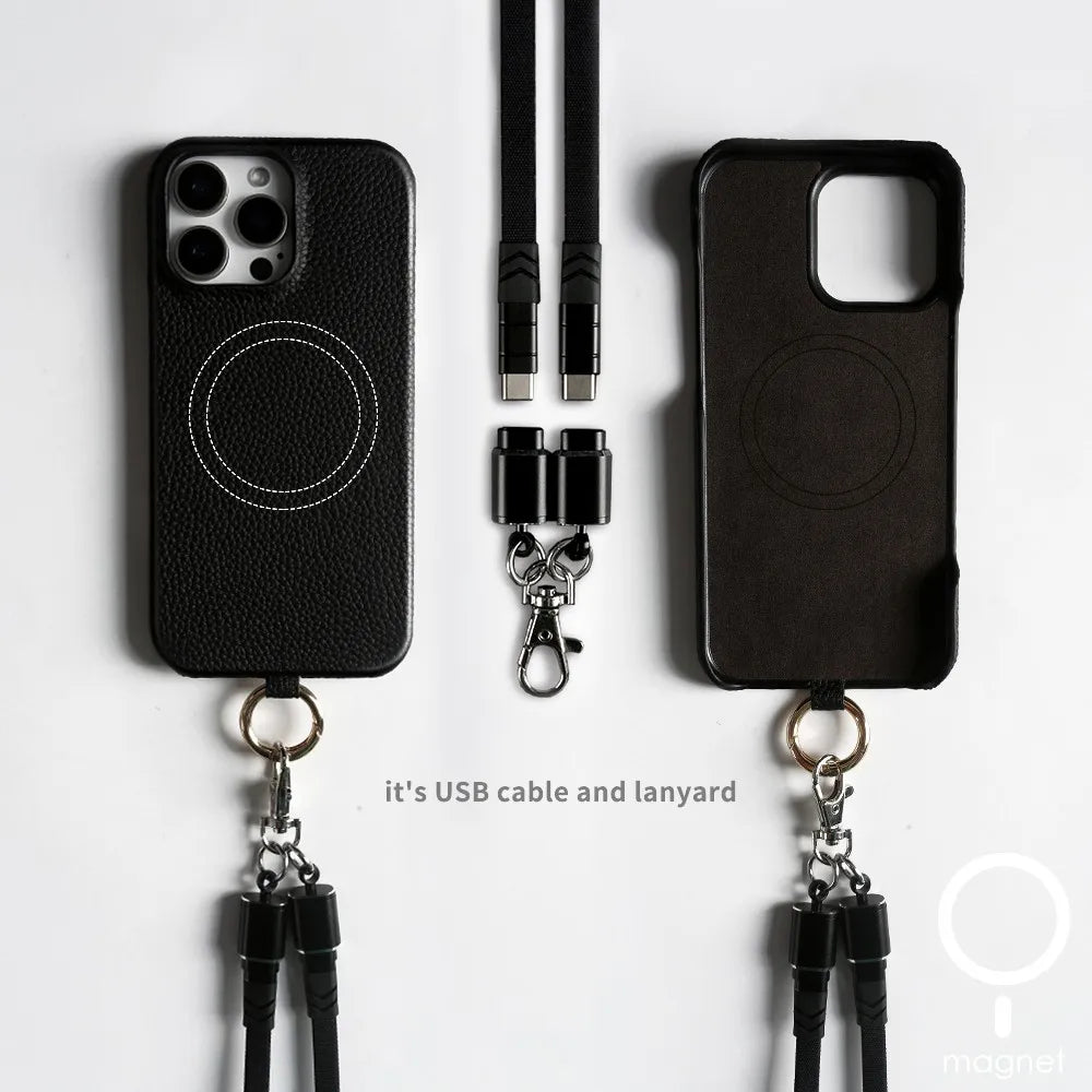 Leather MagSafe Case with USB Charging Lanyard for iPhone 16 Pro Max 15 14