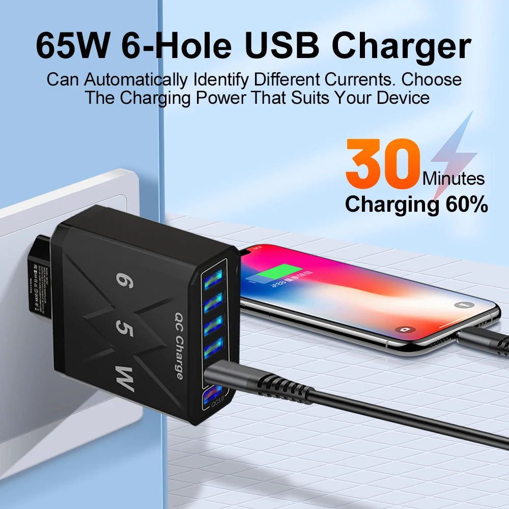 65W 6-Port USB Fast Charger QC3.0 Travel Adapter for iPhone Samsung Xiaomi