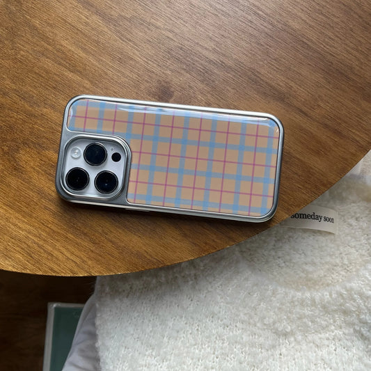 Korean Plaid Grid Shockproof Case for iPhone 13–16 Pro Max with Silver Edge