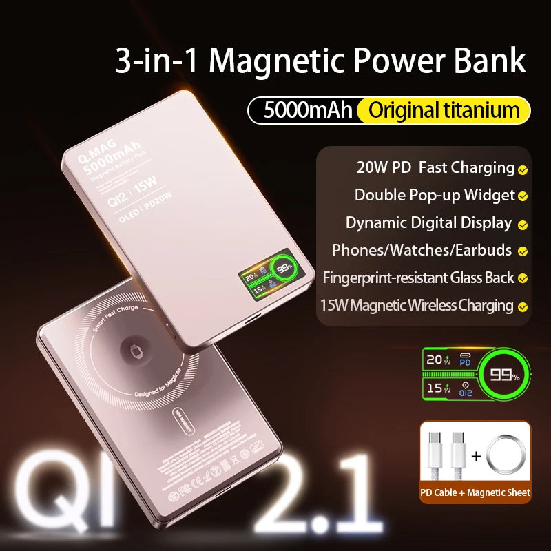 3-in-1 Magnetic Power Bank 15W Wireless Fast Charger for iPhone 12–17 Pro