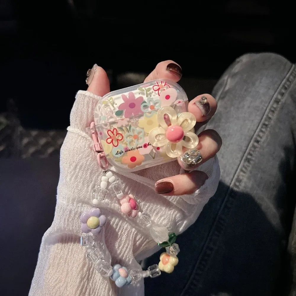 Flower TPU Earphone Case with Beaded Keychain | Shockproof for AirPods 1–4