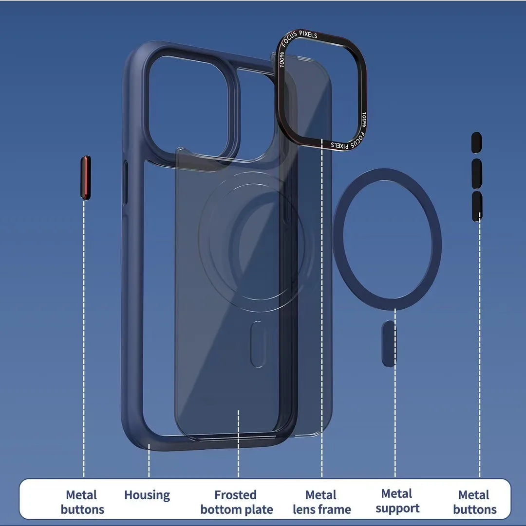 HD Transparent MagSafe Case for iPhone 16 15 14 13 12 Pro Max Metal Buttons