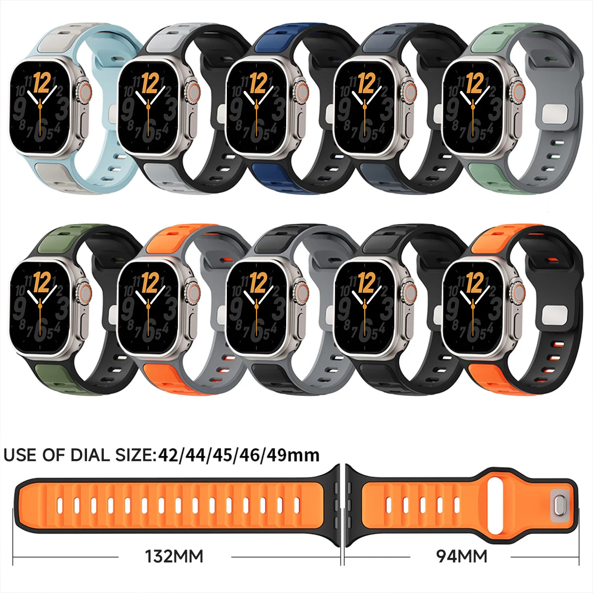 Sports Silicone Bracelet for Apple Watch 40–49mm Series 4–10 & Ultra