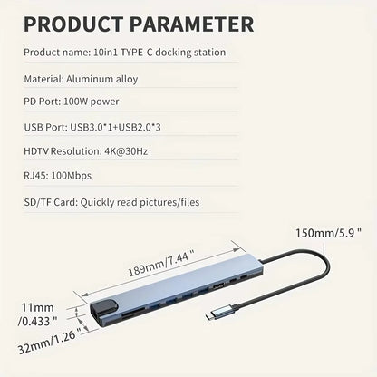 10-in-1 USB-C Hub Docking Station with 4K HDMI, PD100W, RJ45 Ethernet
