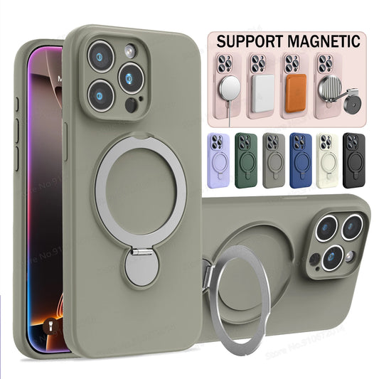 Liquid Silicone Ring Holder Case for iPhone 12–14 Pro Max/Plus Magnetic Cover