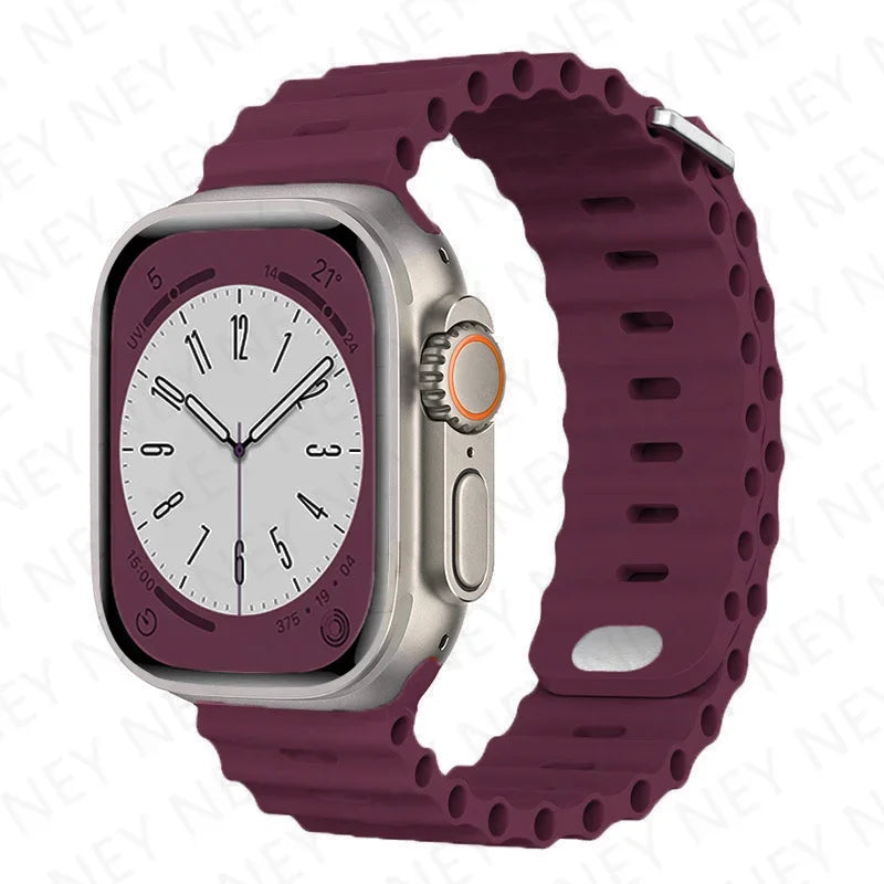 Ocean Silicone Strap for Apple Watch Ultra 2 & Series 9–3 SE, Adjustable 40–49mm Band